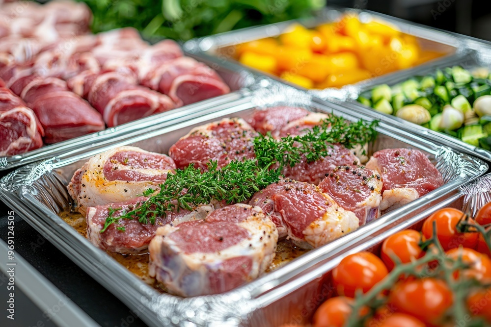 Raw seasoned meat, vegetables, and tomatoes in foil containers Raw seasoned meat, vegetables, and tomatoes in foil containers