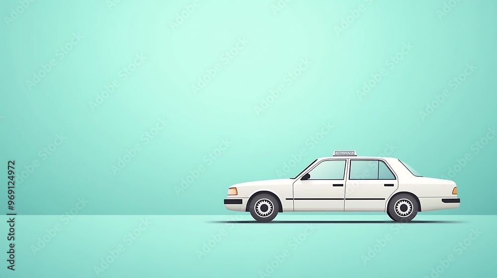 Minimalist white taxi vector on a pastel mint background with elegant simplicity, providing space for branding or messaging. Minimalist white taxi vector on a pastel mint background with elegant simplicity, providing space for branding or messaging.