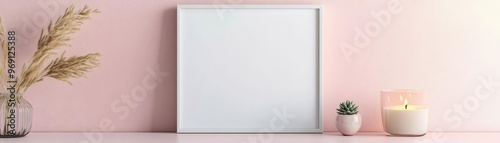 Square frame mockup leaning on a pastelcolored wall, with soft decor elements like a candle and a small succulent, feminine and modern