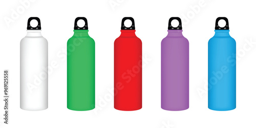 Colored metal thermoses with black lids, in a row: white, green, red, purple, blue.