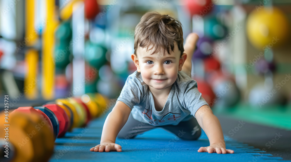 Little toddler boy working out at the indoor gym exercise. Little toddler boy working out at the indoor gym exercise.