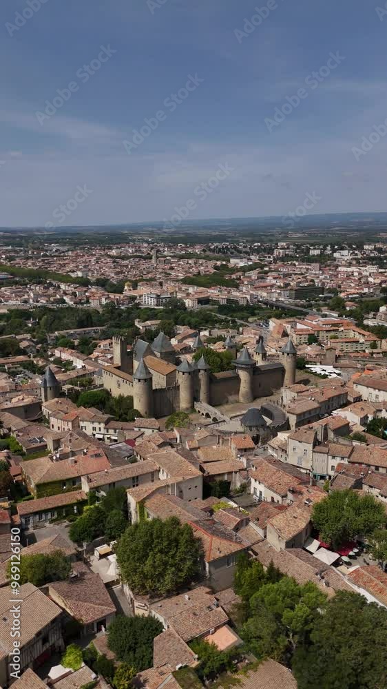 Explore the stunning medieval fortress of Carcassonne from the skies at sunset Explore the stunning medieval fortress of Carcassonne from the skies at sunset