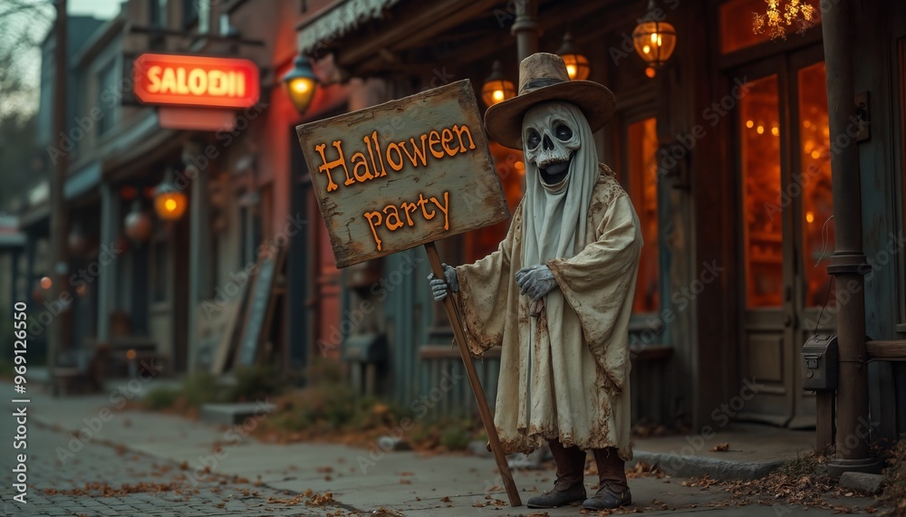 Naklejka premium a ghost with a banner for a Halloween party on a city street near a pub or salon, an inscription on a wooden board in vintage style