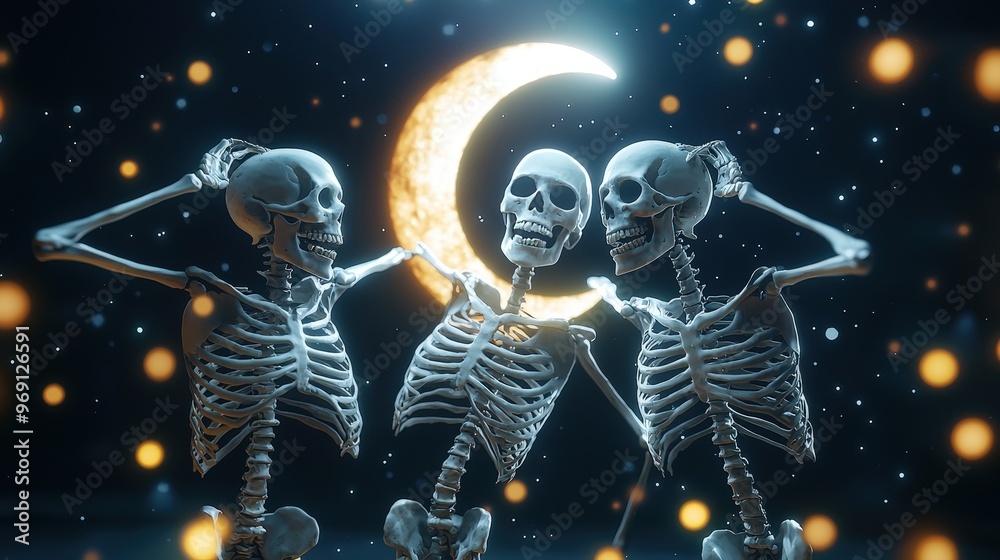 Smiling skeletons dancing under a crescent moon. Smiling skeletons dancing under a crescent moon.