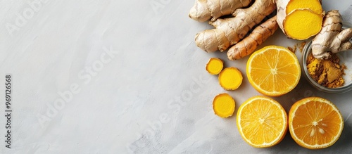 Lemon turmeric root and ginger Ingredients for homemade antiviral medicine on a light gray background with copyspace photo