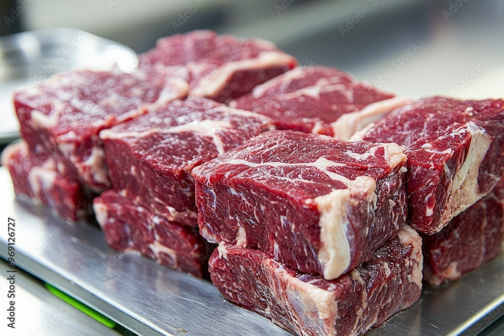 Raw Beef Steaks on a Stainless Steel Surface Raw Beef Steaks on a Stainless Steel Surface