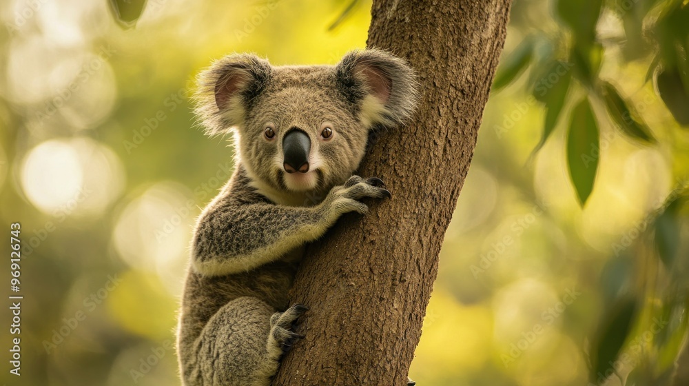 Fototapeta premium A koala clings to a tree, surrounded by a lush, green environment.