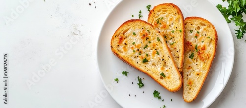 Roti bawang putih Garlic bread served on a white plate Indonesian flavor Ideal for recipes articles menu books or any culinary content Includes copy space photo