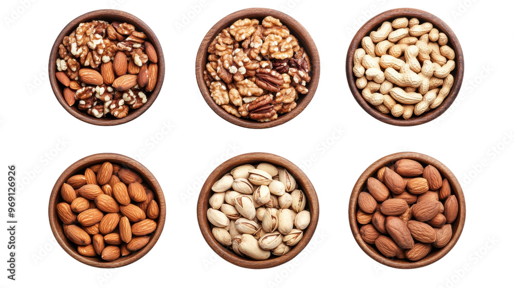 Set of bowls with various nuts, top view, isolated on transparent background, healthy snack collection Set of bowls with various nuts, top view, isolated on transparent background, healthy snack collection
