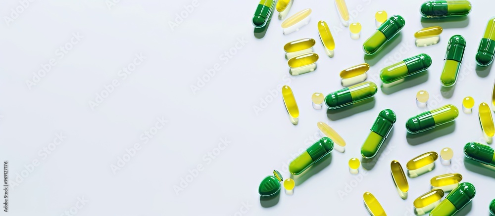 Green and yellow pills or capsules on a white background with copy space Prescription medication for treatment Pharmaceutical drug remedy in a container for health Antibiotic Green and yellow pills or capsules on a white background with copy space Prescription medication for treatment Pharmaceutical drug remedy in a container for health Antibiotic