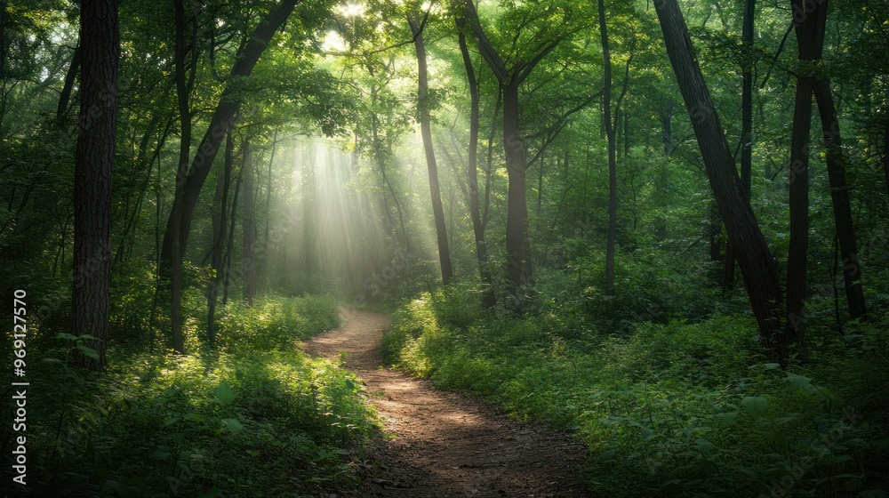 Obraz premium A serene forest path illuminated by soft sunlight filtering through lush trees.