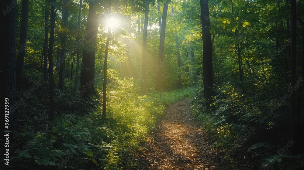 Obraz premium A serene forest path illuminated by sunlight, inviting exploration and tranquility.