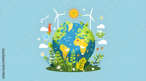 Earth Day concept, Sustainable energy source with wind turbine for eco-friendly world, Vector illustration of green energy for global warming, Environmental protection
