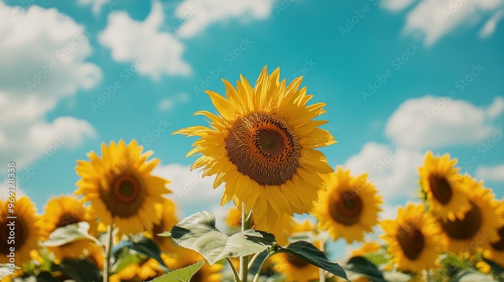 A vibrant field of sunflowers under a bright blue sky with fluffy clouds. A vibrant field of sunflowers under a bright blue sky with fluffy clouds.