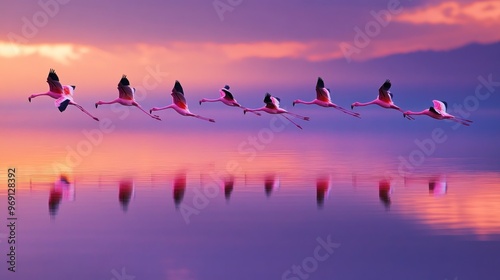 A series of flamingos in flight over a serene, colorful water surface at sunset.