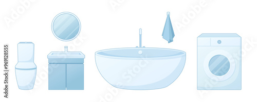 Classic Bathroom. Samples of bathroom equipment such as toilet, washbasin, bathtub, washing machine. Plumbing kit.