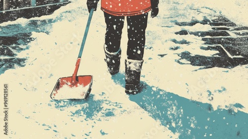 Illustration of a person shoveling snow from a driveway after a winter storm Individual using a snow shovel to clear sidewalks during winter
