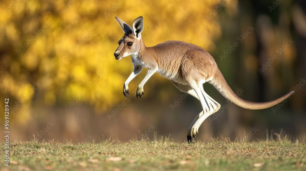 A kangaroo gracefully leaps across a grassy field with autumn foliage in the background. A kangaroo gracefully leaps across a grassy field with autumn foliage in the background.