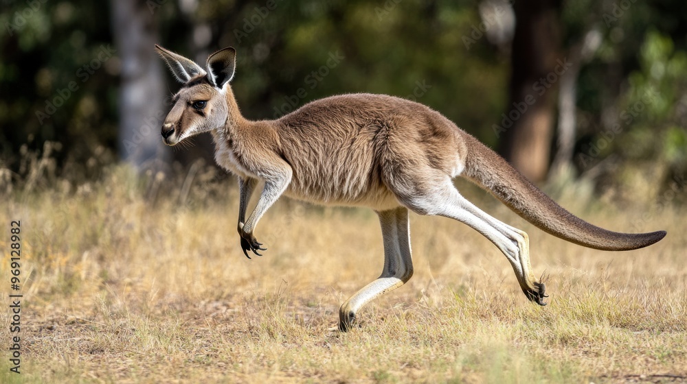 A kangaroo gracefully hops across a grassy landscape. A kangaroo gracefully hops across a grassy landscape.