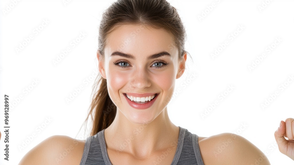A European fitness model with a jumping jack pose, athletic outfit, and a vibrant smile, long hair tied back, isolated on white background A European fitness model with a jumping jack pose, athletic outfit, and a vibrant smile, long hair tied back, isolated on white background