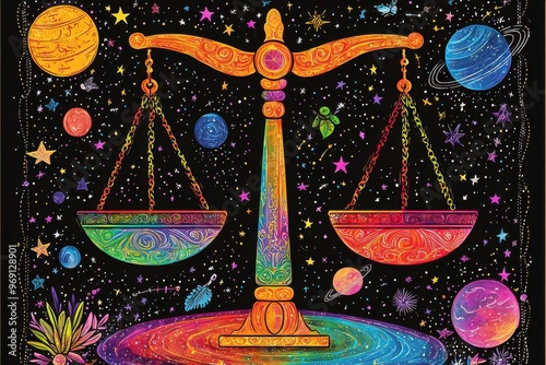 Vibrant cosmic scales of justice floating in cosmic galaxy with planets and stars