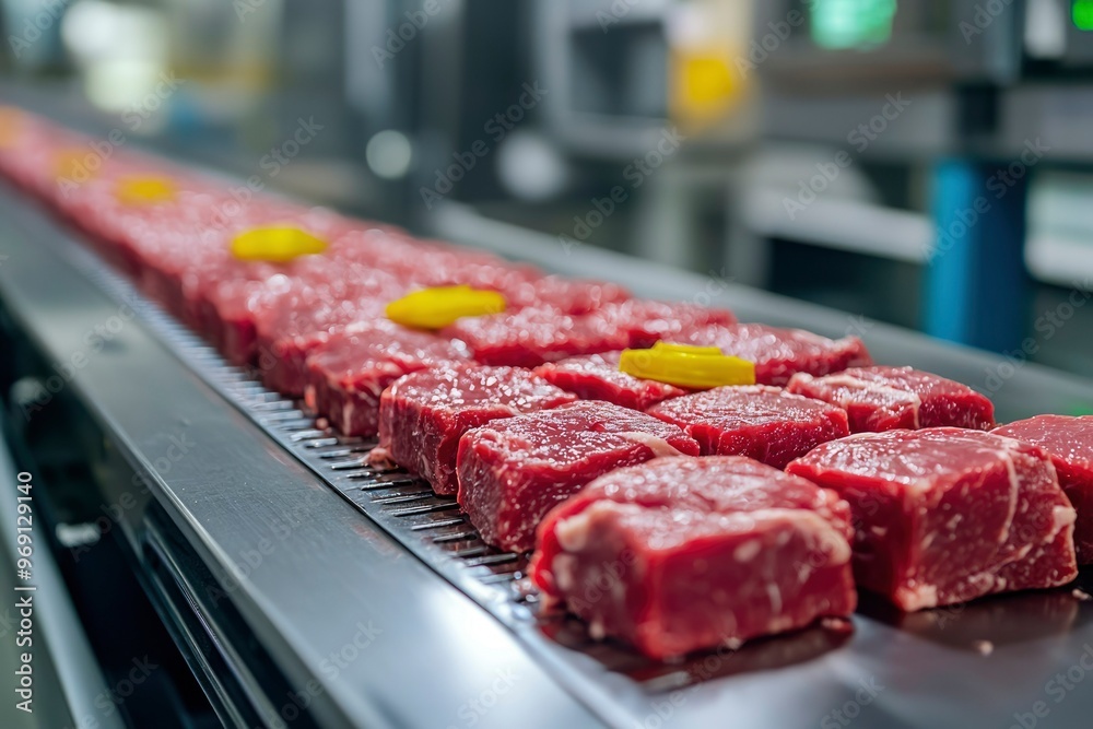 Raw Meat Steaks on a Conveyor Belt in a Food Processing Plant Raw Meat Steaks on a Conveyor Belt in a Food Processing Plant