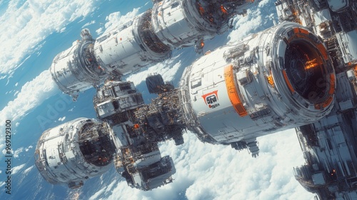 Fototapeta Naklejka Na Ścianę i Meble -  Autonomous robots building a space station in orbit: Robots assembling parts of a futuristic space station.