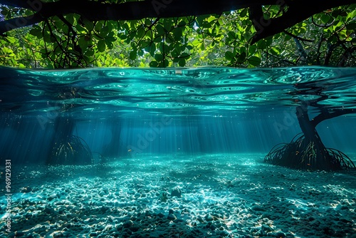 Underwater Tropical Mangrove Forest with Sunlight Rays Nature Stock Photo for Print and Design
