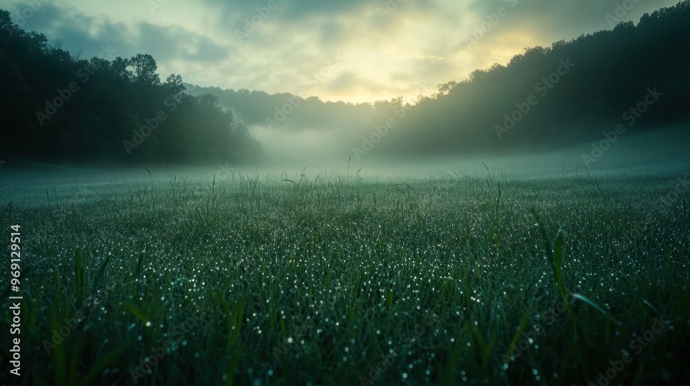 A serene misty landscape at dawn, featuring dew-covered grass and soft light.