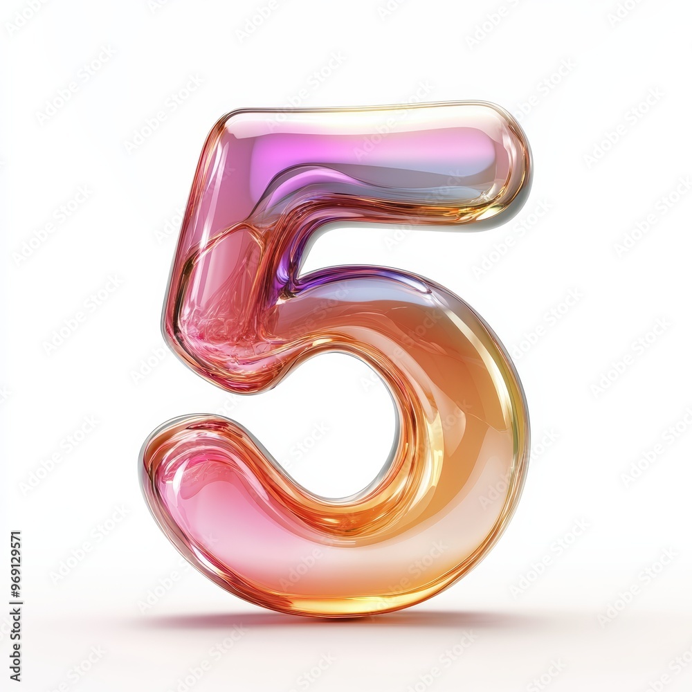 3D number 5 with glass texture realistic modern design, soft lighting, white background 