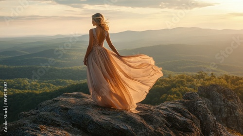 A woman in a flowing dress stands on a rocky ledge, gazing at a sunset over rolling hills.