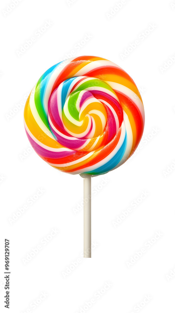 Lollipop with spiral rainbow colors, twisted sucker candy on stick isolated on white background Lollipop with spiral rainbow colors, twisted sucker candy on stick isolated on white background