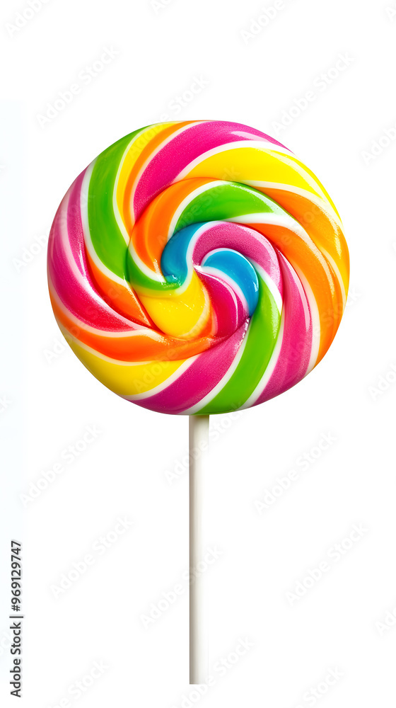 Lollipop with spiral rainbow colors, twisted sucker candy on stick isolated on white background Lollipop with spiral rainbow colors, twisted sucker candy on stick isolated on white background