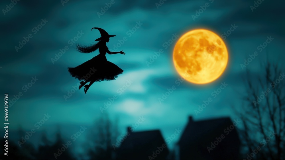 Witch flying over a village on Halloween night. Witch flying over a village on Halloween night.