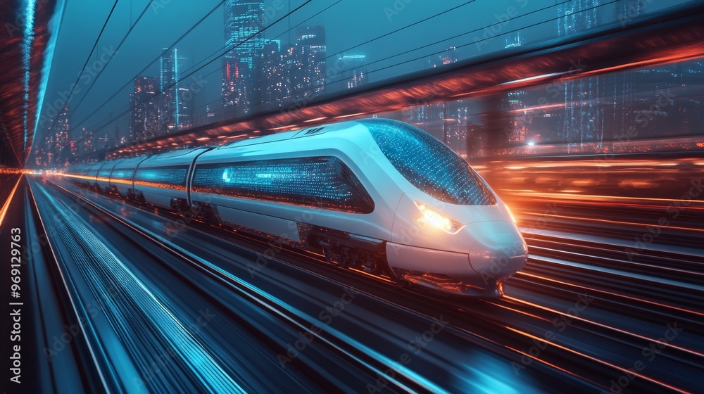 Futuristic high-speed rail system managed by AI: Trains operating at incredible speeds across a futuristic landscape. Futuristic high-speed rail system managed by AI: Trains operating at incredible speeds across a futuristic landscape.