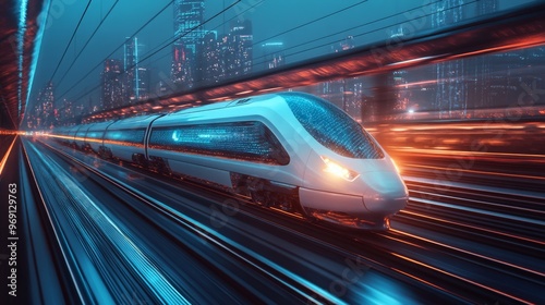 Futuristic high-speed rail system managed by AI: Trains operating at incredible speeds across a futuristic landscape.