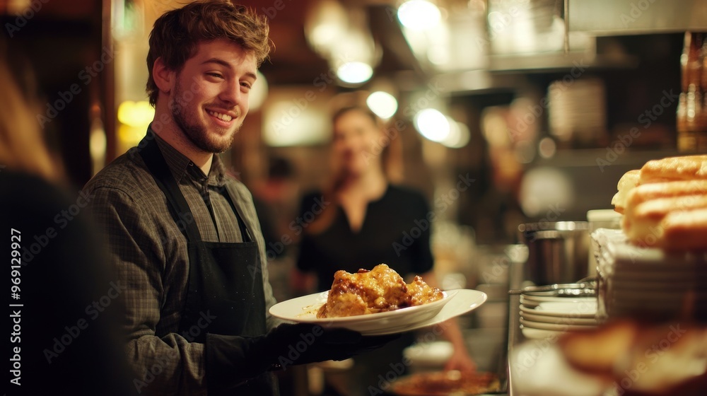 Waiter Holding Plate of Food in a Restaurant Kitchen Waiter Holding Plate of Food in a Restaurant Kitchen