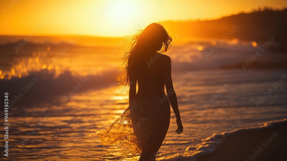 Fototapeta premium A silhouette of a woman walking along the beach at sunset, capturing a serene moment.