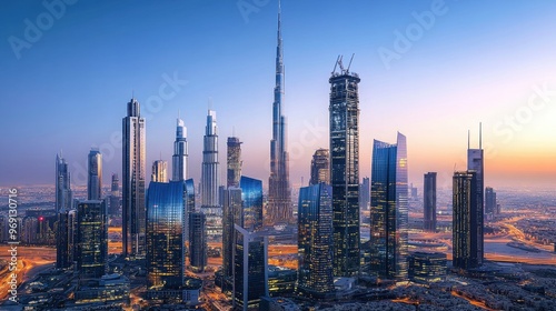 Wallpaper Mural A breathtaking skyline of towering skyscrapers in the city center, with a mix of modern glass facades and illuminated windows against a clear blue sky. Torontodigital.ca