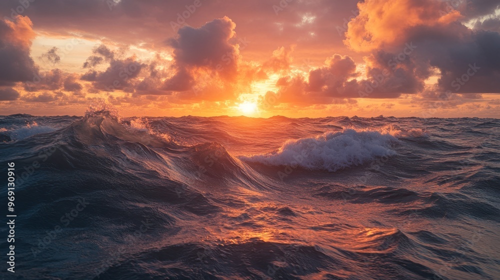 A vibrant sunset over ocean waves, showcasing nature's beauty and tranquility. A vibrant sunset over ocean waves, showcasing nature's beauty and tranquility.