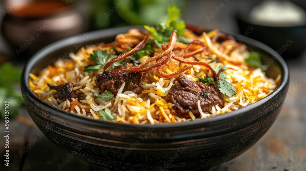 A bowl of fragrant biryani rice with layers of tender meat, saffron, and garnished with fried onions and fresh herbs, highlighting the aromatic dish. A bowl of fragrant biryani rice with layers of tender meat, saffron, and garnished with fried onions and fresh herbs, highlighting the aromatic dish.