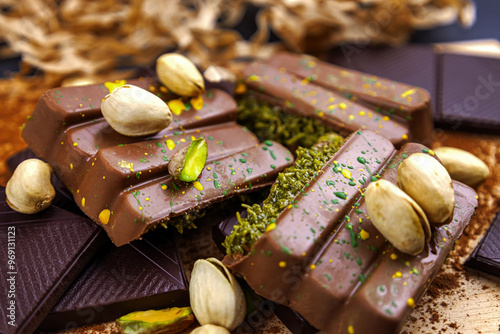 Photography Dubai Chocolate bar with green kadayif and pistachio spread with pistachio nuts