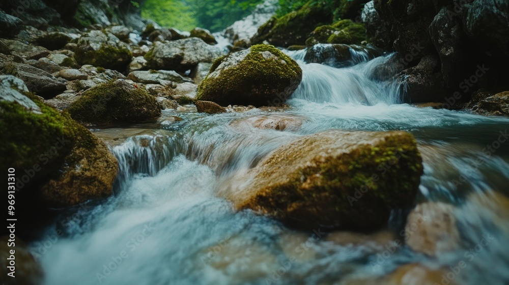 A serene stream flows over smooth rocks, surrounded by lush greenery. A serene stream flows over smooth rocks, surrounded by lush greenery.