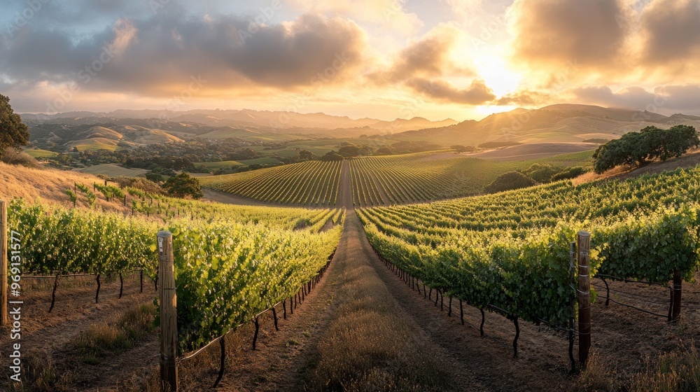 Naklejka premium A scenic vineyard landscape at sunset with rows of grapevines and rolling hills.