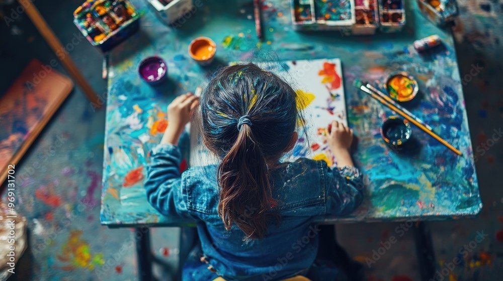 Fototapeta premium A candid shot of a child sitting at a table with paints and brushes, focused on creating a colorful artwork, surrounded by paint splatters and art supplies.