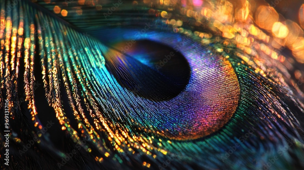 Naklejka premium Shimmering iridescence of peacock feather barbules