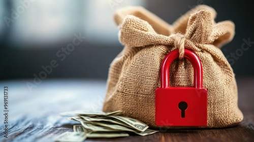 A secured money bag locked with a red padlock on a wooden surface with dollar bills nearby