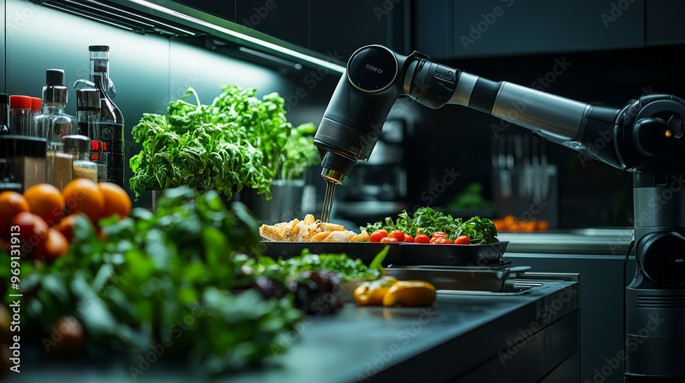 Autonomous smart kitchens that cook gourmet meals based on real-time AI recipes: A high-tech kitchen where robotic arms prepare dishes following AI-generated recipes. Autonomous smart kitchens that cook gourmet meals based on real-time AI recipes: A high-tech kitchen where robotic arms prepare dishes following AI-generated recipes.