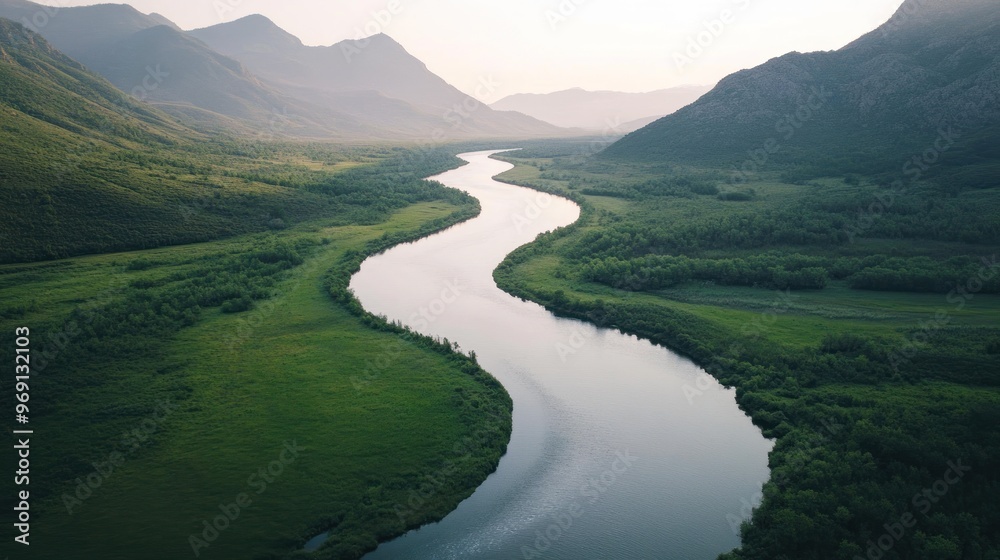 Serene river winding through lush green valleys and mountains under soft lighting.
