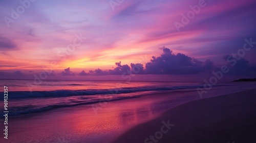 A serene beach at sunset, showcasing vibrant colors in the sky and reflections on the water.